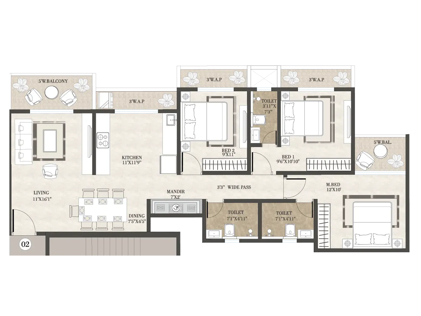 3 BHK Floor Plan